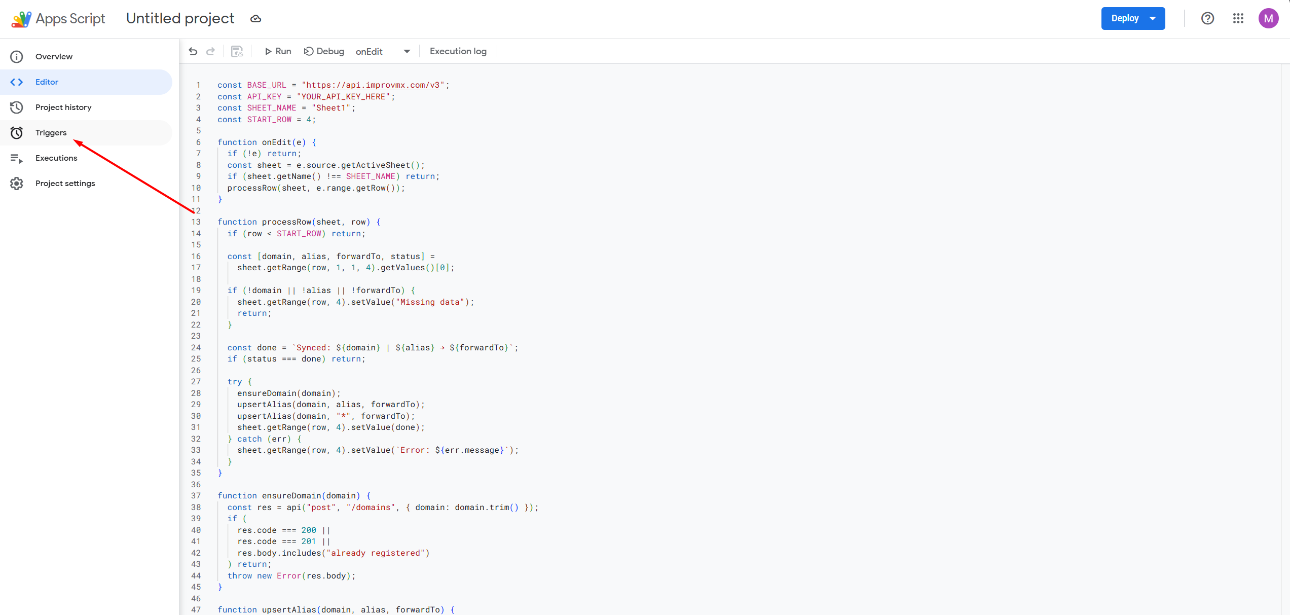 Apps Script Triggers menu