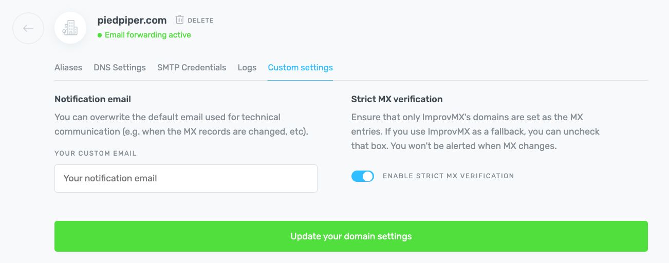Strict MX Verification settings interface